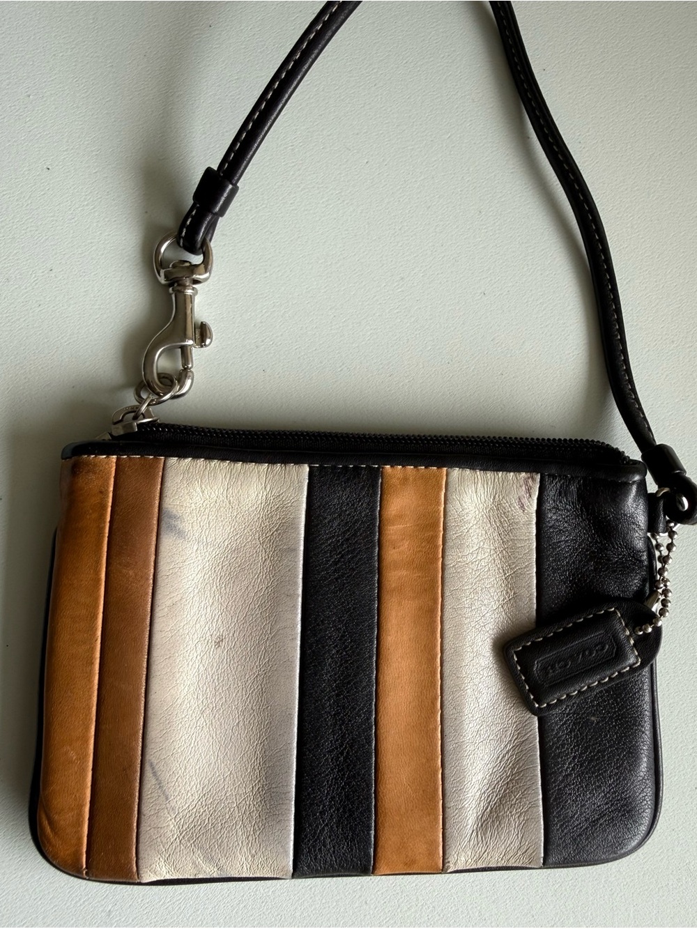 Coach Striped Leather Wristlet in Black, White & Tan